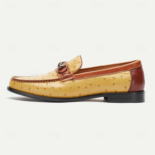 Men's Yellow and Brown Ostrich Leather Loafers with Metal Bit Detail - Stylish Slip-On Dress Shoes for Formal and Casual Wear