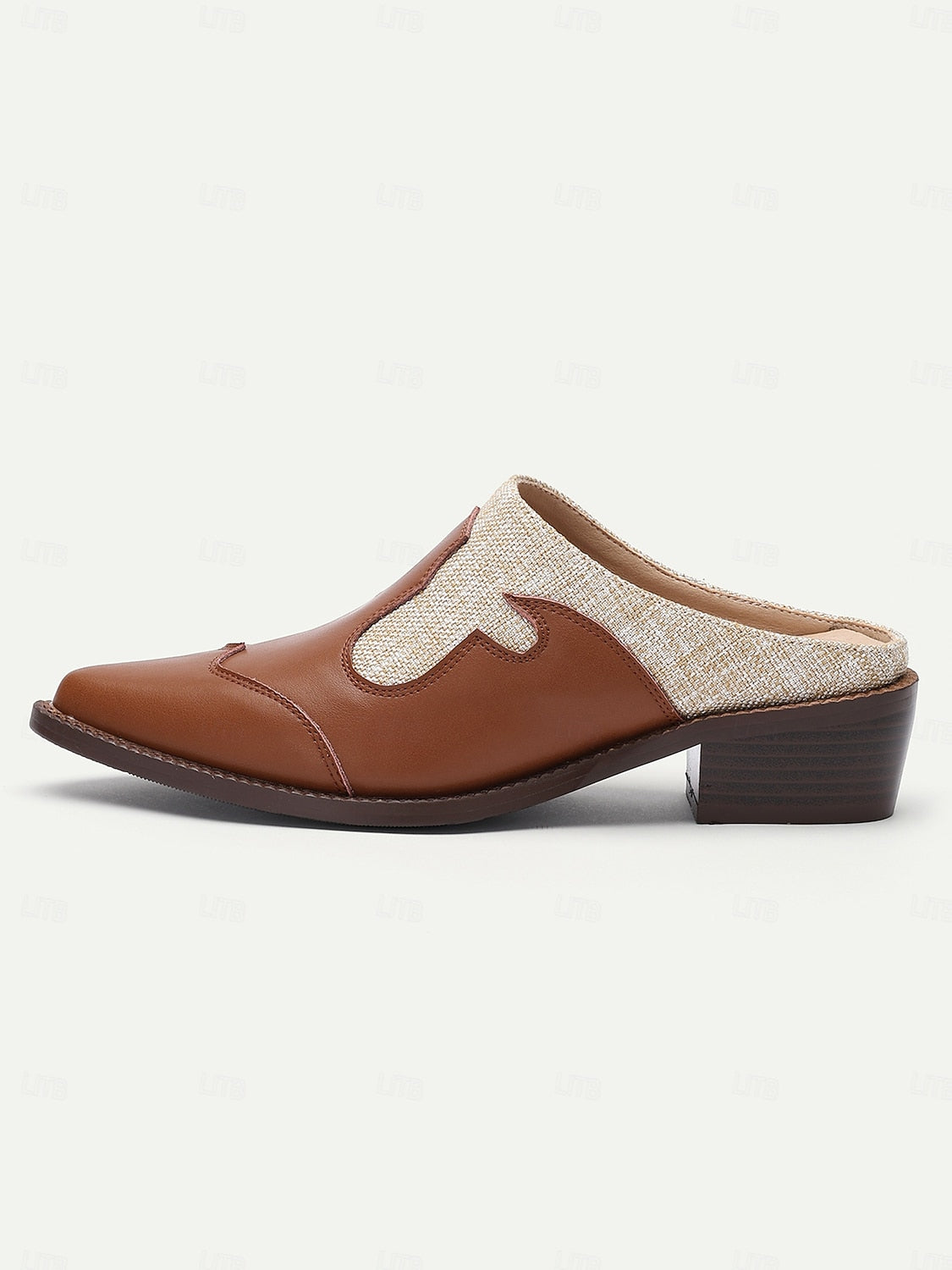 Women's Brown Slip-On Mules with Woven Accents and Western-Inspired Design, Comfortable Low Heels for Casual or Everyday Wear