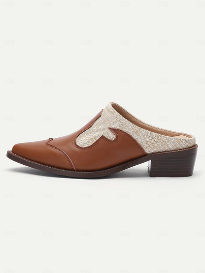 Women's Brown Slip-On Mules with Woven Accents and Western-Inspired Design, Comfortable Low Heels for Casual or Everyday Wear