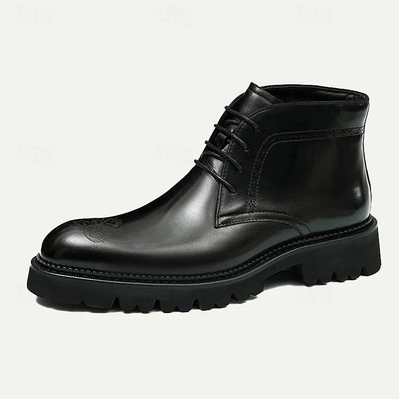 Men's Premium Cowhide Leather Ankle Boots Elegant Embossed Detailing for Business Casual Wear