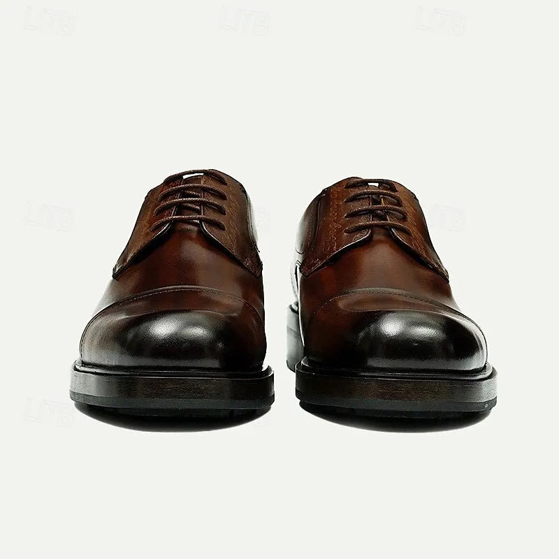 Men's Brown Leather Cap-Toe Oxford Shoes, Classic Dress Shoes with Subtle Engraved Details for Business and Formal Wear