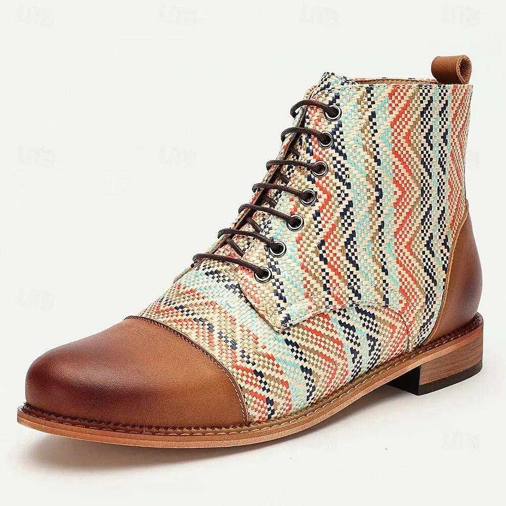 Men's Premium Woven Fabric and Leather Lace-Up Boots with Vibrant Zigzag Pattern and Leather Toe Cap