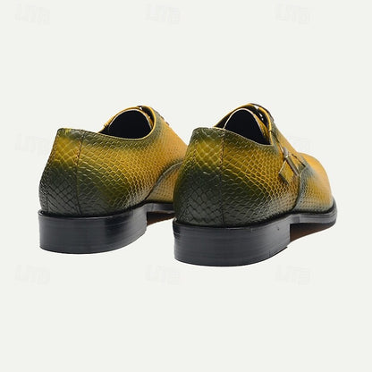 Men's Yellow Gradient Snake Pattern Leather Oxford Shoes with Buckle Detail