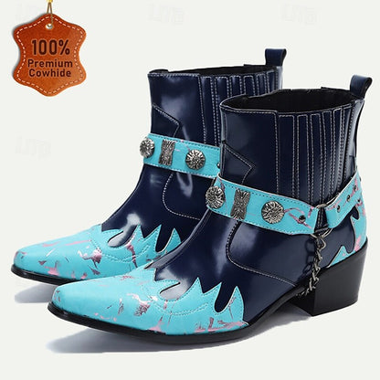 Men's Blue and Turquoise Leather Motorcycle Boots