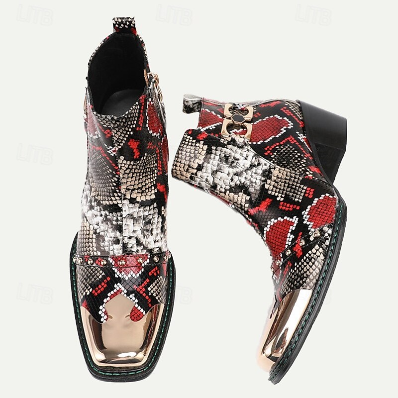 Men's Snake Print Leather Ankle Boots Premium Cowhide Red and Black Exotic Design