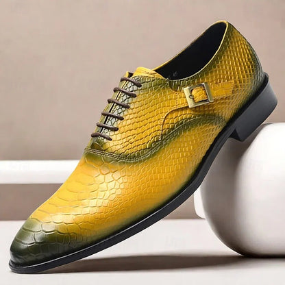 Men's Yellow Gradient Snake Pattern Leather Oxford Shoes with Buckle Detail