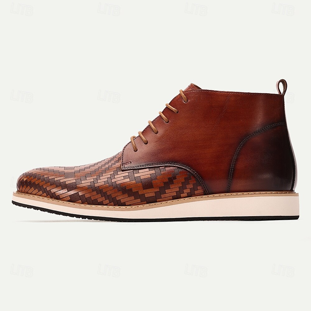 Men's Premium Cowhide Leather Lace-Up Ankle Boots with Woven Pattern