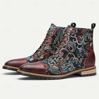 Men's Premium Leather Floral Oxford Boots Bohemian Lace-Up Ankle Boots