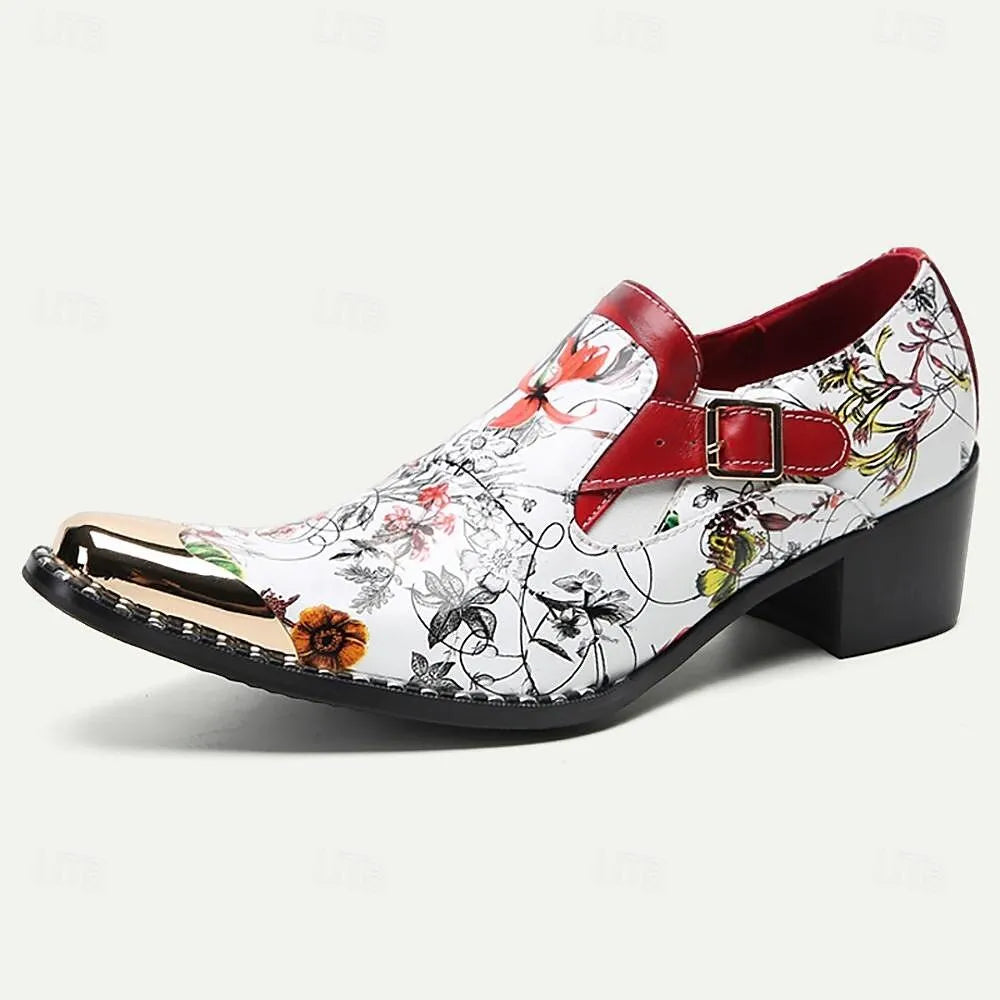 Men's Floral Print Loafers - Fashionable Slip-On Dress Shoes with Red Accents and Metallic Toe Cap - Tokiyos