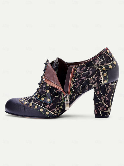 Women's Vintage Lace-Up Heeled Oxford Shoes-Floral Pattern with Studded Detailing for Retro and Steampunk Styles