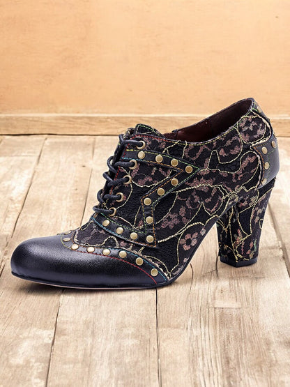 Women's Vintage Lace-Up Heeled Oxford Shoes-Floral Pattern with Studded Detailing for Retro and Steampunk Styles