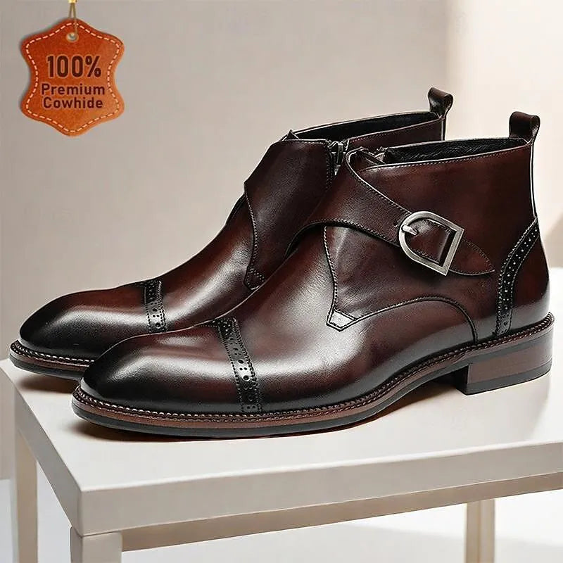 Men's Buckle Strap Ankle Boots - 100% Premium Cowhide Leather with Brogue Detailing - Tokiyos