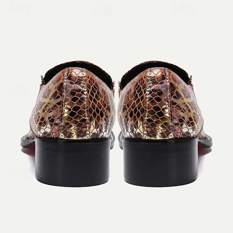 Men's Exotic Copper Snakeskin Print Leather Dress Shoes with Metal Cap Toe - Tokiyos