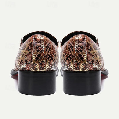 Men's Exotic Copper Snakeskin Print Leather Dress Shoes with Metal Cap Toe - Tokiyos