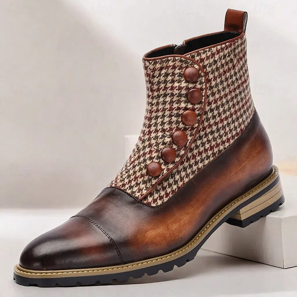 Men's Houndstooth Tweed and Leather Ankle Boots with Button-Up Detail