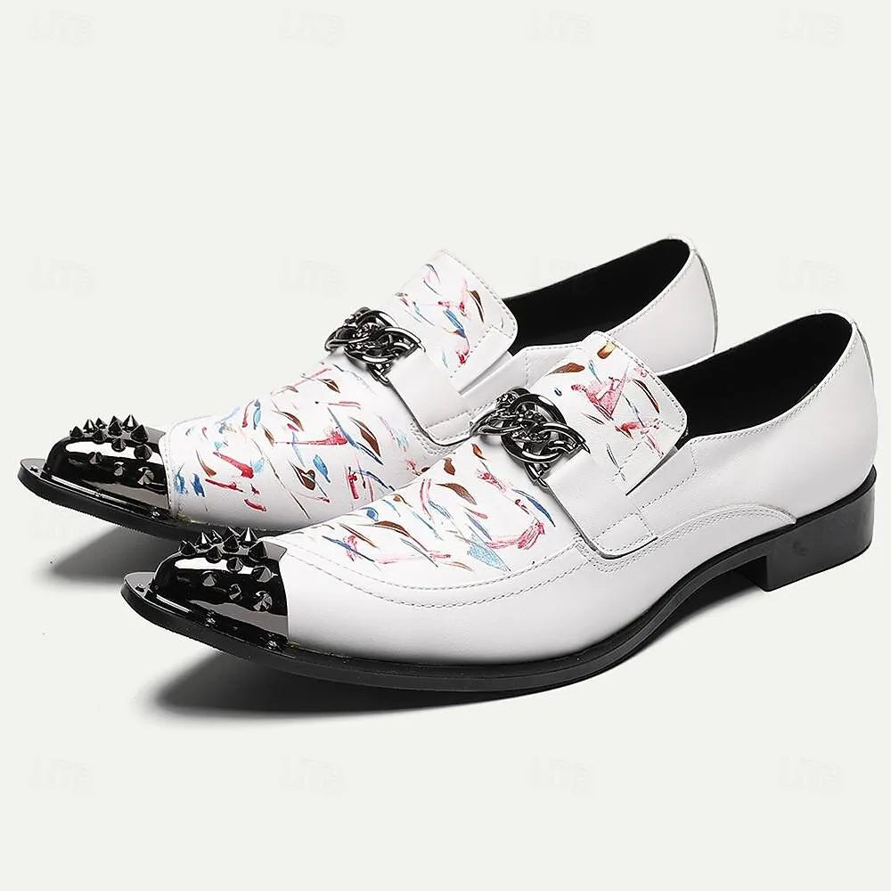 Men's White Leather Loafers with Colorful Print and Spiked Details - Tokiyos