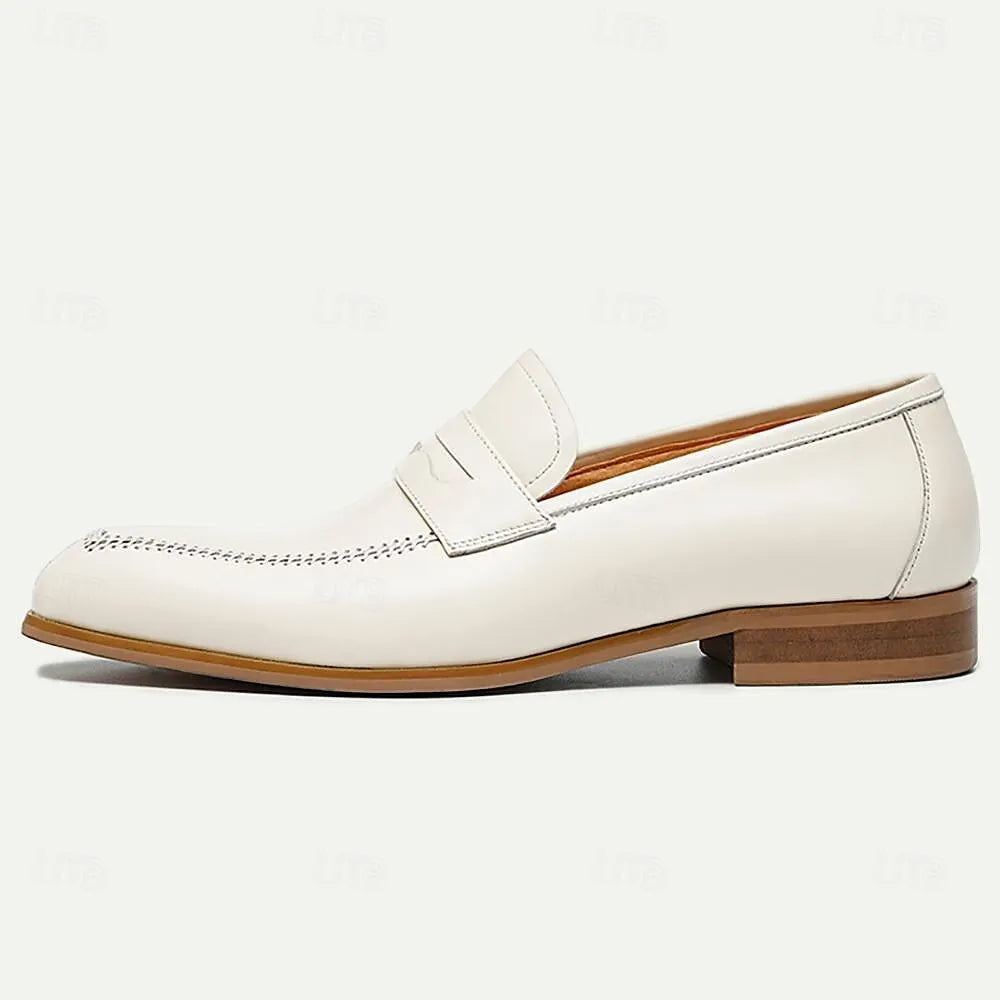 Men's White Leather Loafers with Perforated Detail - Tokiyos