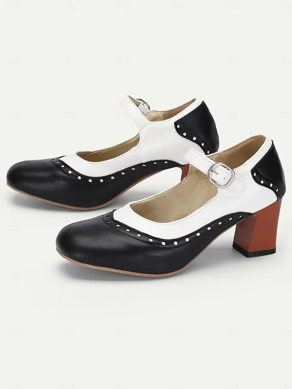 Women's Black and White Mary Jane Block Heel Shoes - Retro Style with Buckle Strap for Vintage-Inspired Outfits