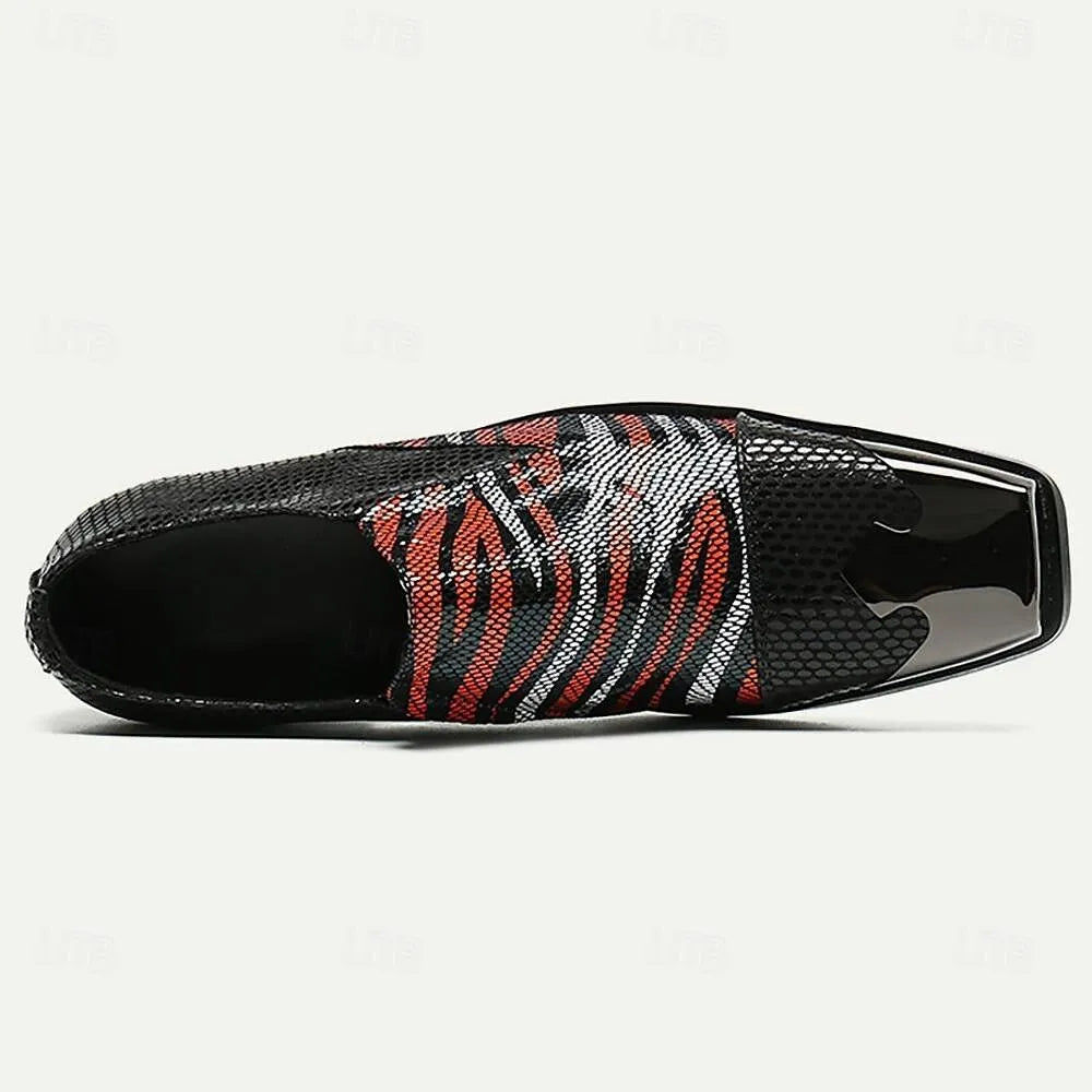 Men's Tiger Print Dress Shoes - Black and Orange Stylish Patent Leather Loafers - Tokiyos