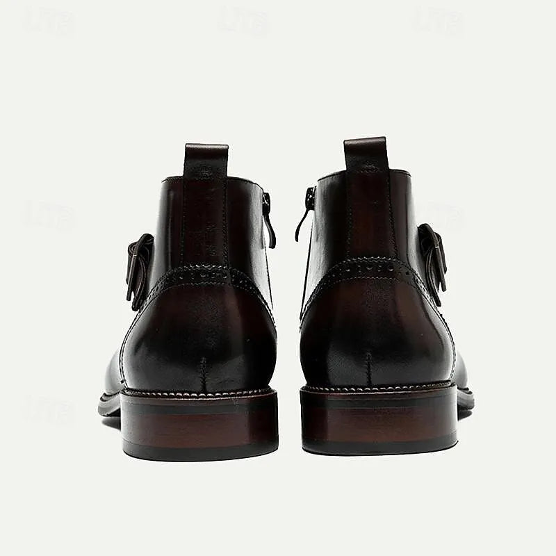 Men's Buckle Strap Ankle Boots - 100% Premium Cowhide Leather with Brogue Detailing - Tokiyos