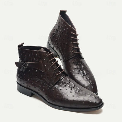 Men's Ostrich Embossed Leather Ankle Boots with Premium Cowhide and Lace-Up