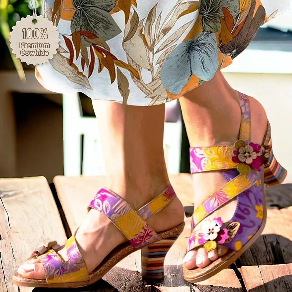 Women's Floral Print Strappy Chunky Heel Sandals - Tokiyos