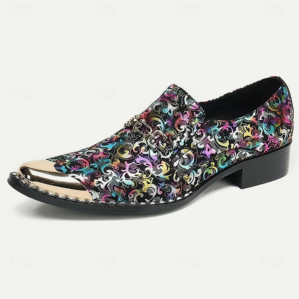 Men's Multicolor Pattern Loafers - Stylish Slip-On Dress Shoes with Metallic Toe Cap - Tokiyos