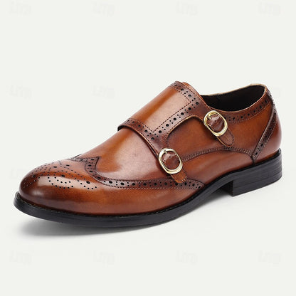 Men's Brown Double Monk Strap Shoes with Brogue Detailing - Premium Cowhide Leather Formal Dress Shoes