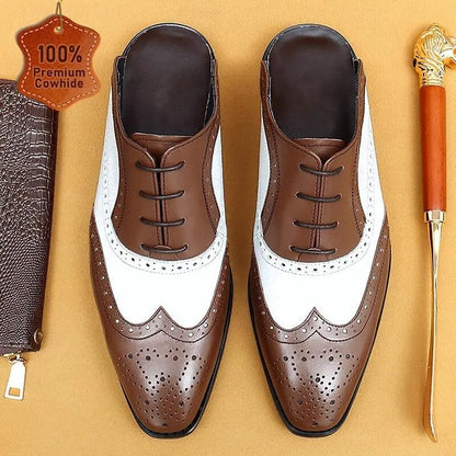 Men's Vintage Brown & White Leather Brogue Mules - Tokiyos