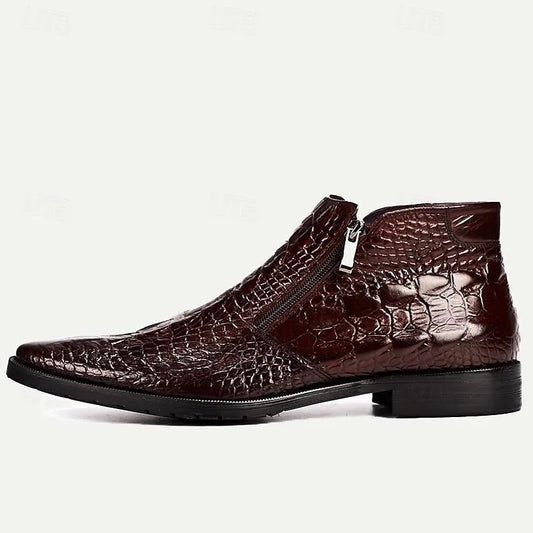 Men's Brown Crocodile Pattern Leather Ankle Boots - Premium Cowhide Zipper Dress Shoes