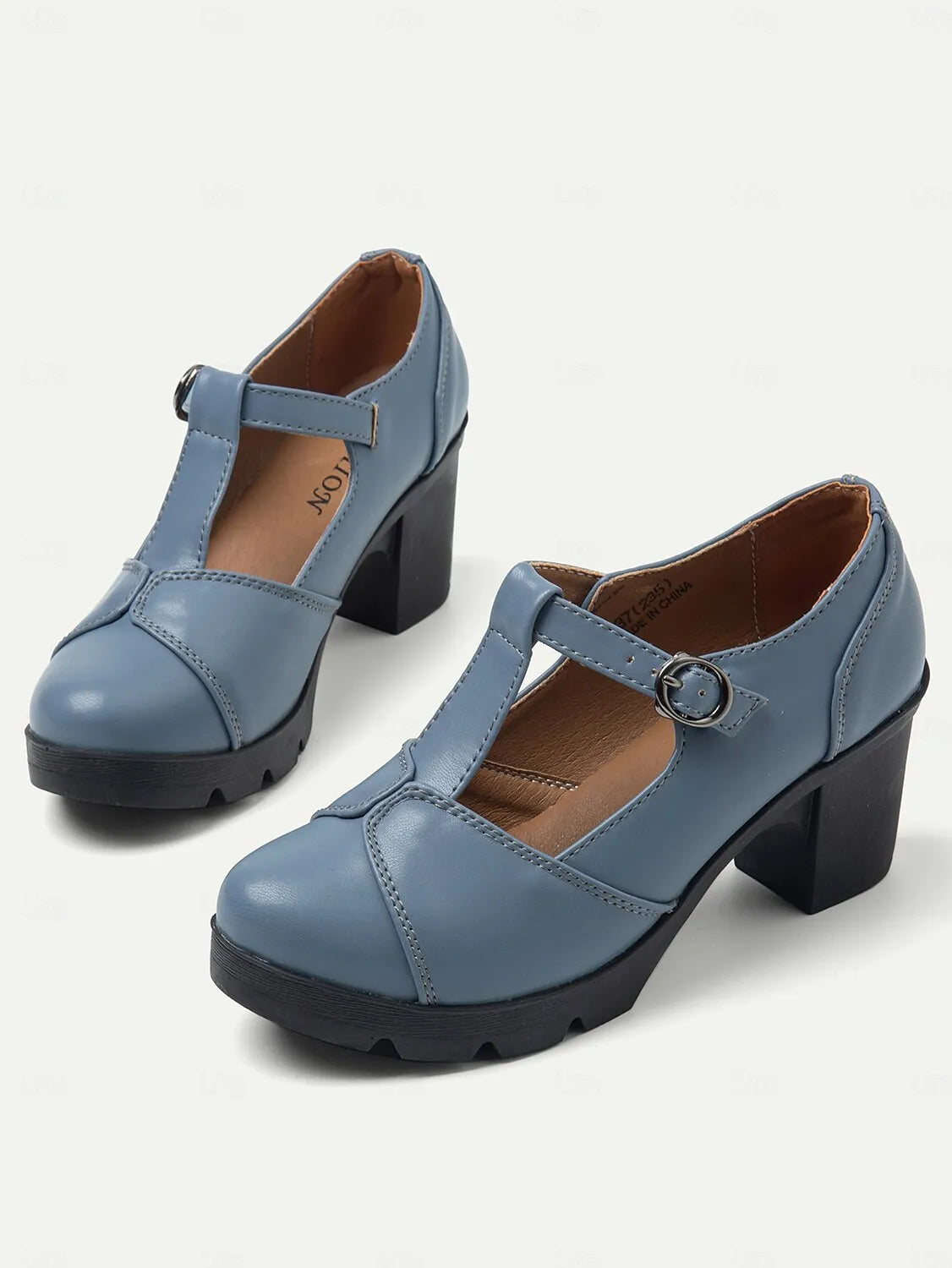 Women's Blue Mary Jane Chunky Heel Shoes - Retro T-Strap Design for Office and Casual Wear