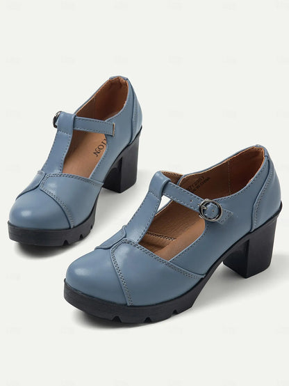 Women's Blue Mary Jane Chunky Heel Shoes - Retro T-Strap Design for Office and Casual Wear