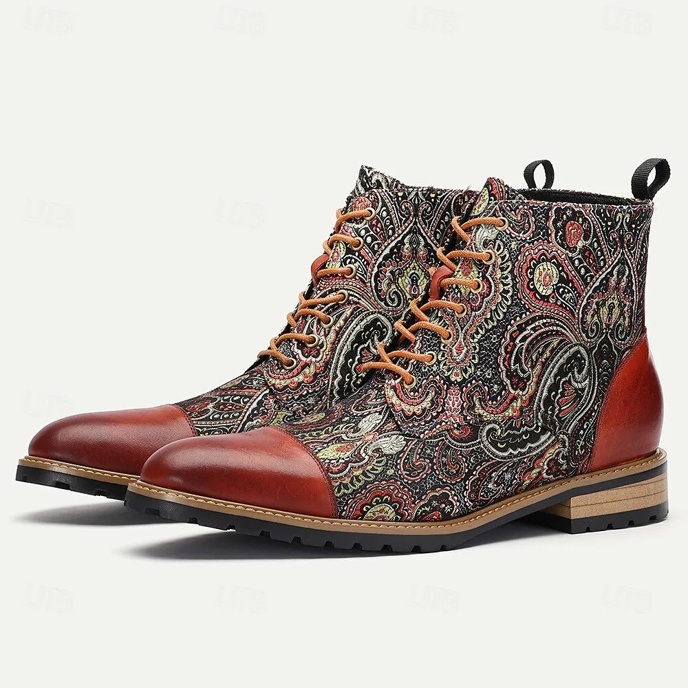 Men's Premium Cowhide and Jacquard Paisley Ankle Boots - Vintage Lace-Up Leather Boots with Rugged Sole for Casual and Formal Wear