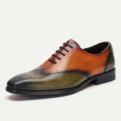 Men's Premium Cowhide Leather Oxford Shoes - Two-Tone Brogue Lace-Up Dress Shoes for Formal and Casual Wear