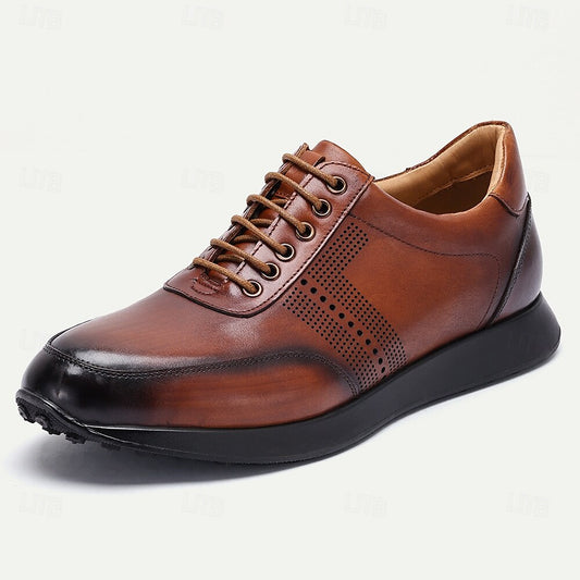 Men's Premium Cowhide Leather Oxford Shoes Perforated Lace-Up Casual Dress Shoes