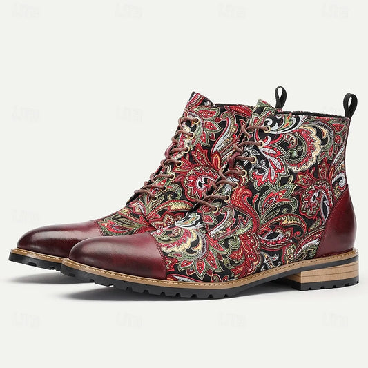 Men's Premium Leather Floral Oxford Boots Vintage Paisley Design