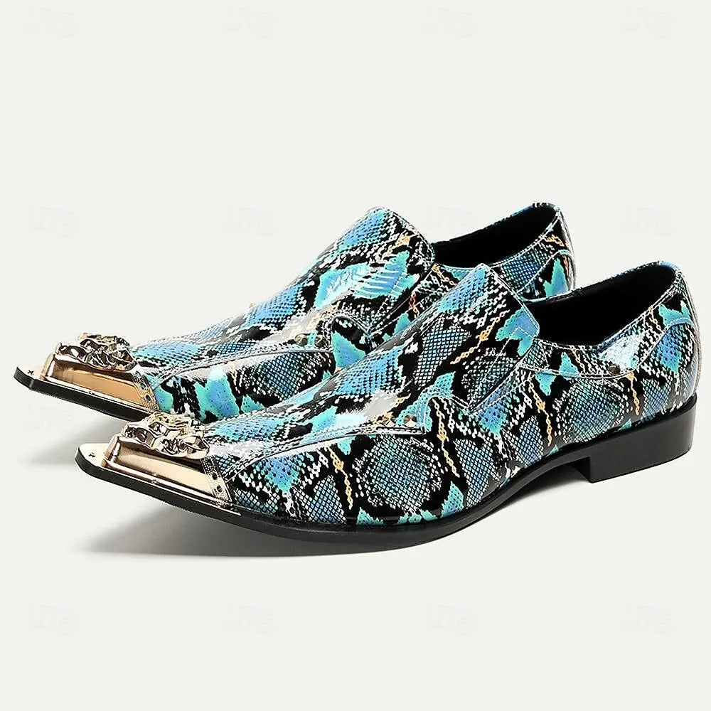 Men's Blue Snake Print Loafers Dress Shoes with Gold Lion Accents - Tokiyos