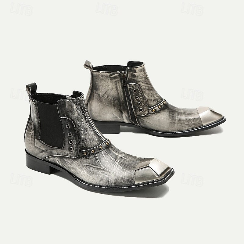 Men's Metallic Silver Leather Chelsea Motorcycle Boots-Pointed Toe Ankle Boots