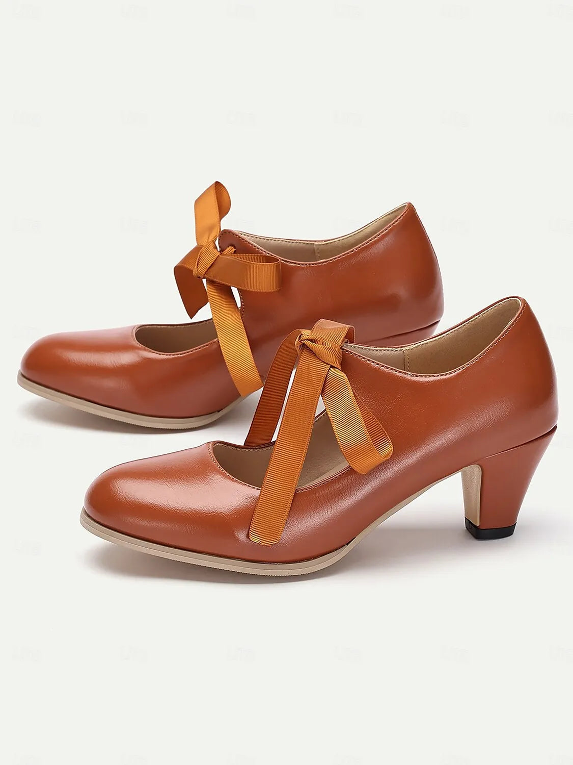 Women's Vintage Mary Jane Heels with Ribbon Bow - Retro-Inspired Block Heel Dress Shoes for Casual and Special Occasions