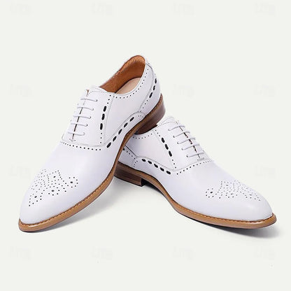 Men's White Leather Brogue Oxford Shoes - Tokiyos