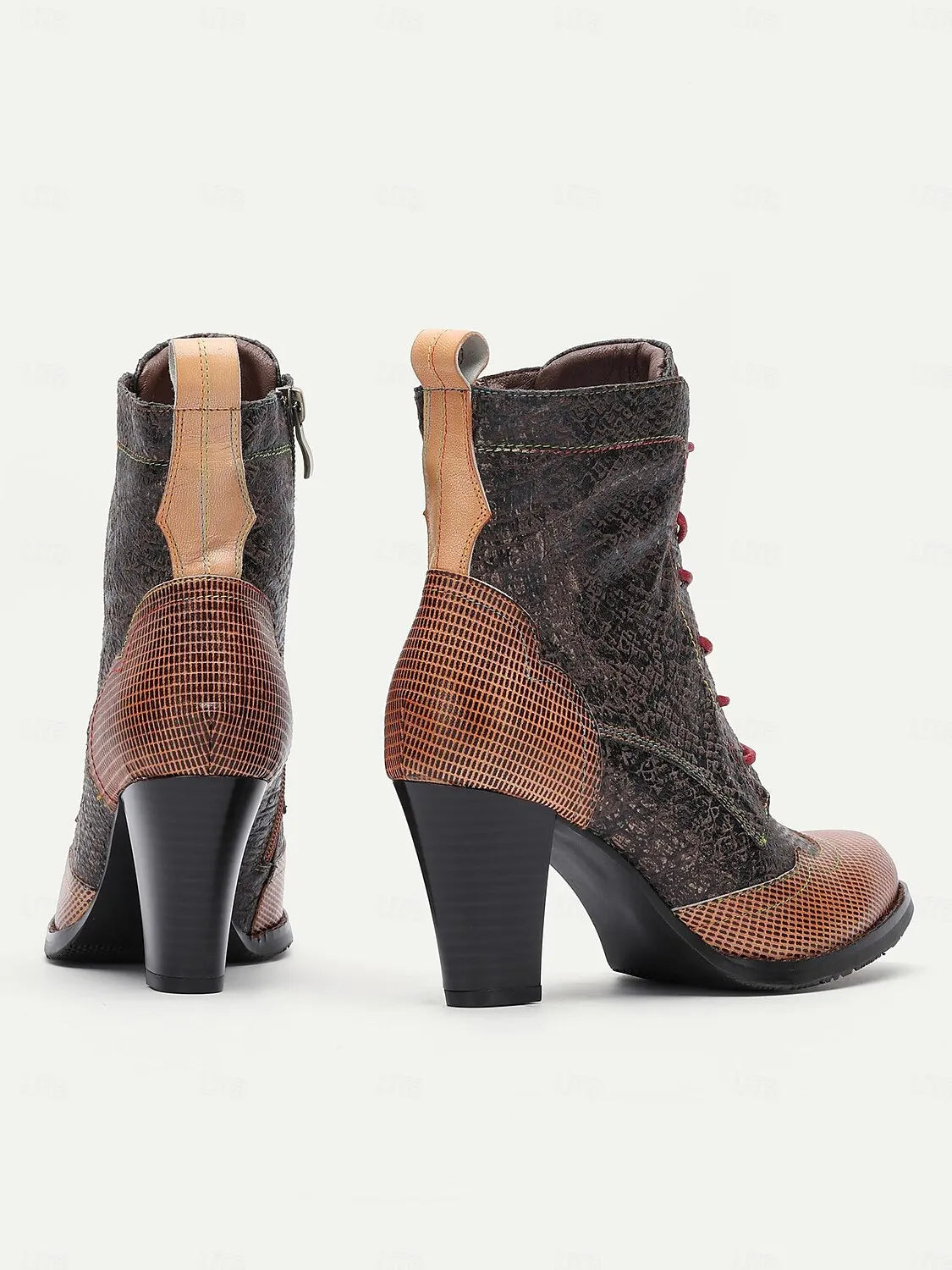 Vintage-Style Coffee Lace-Up Ankle Boots with Chunky Heels for Women