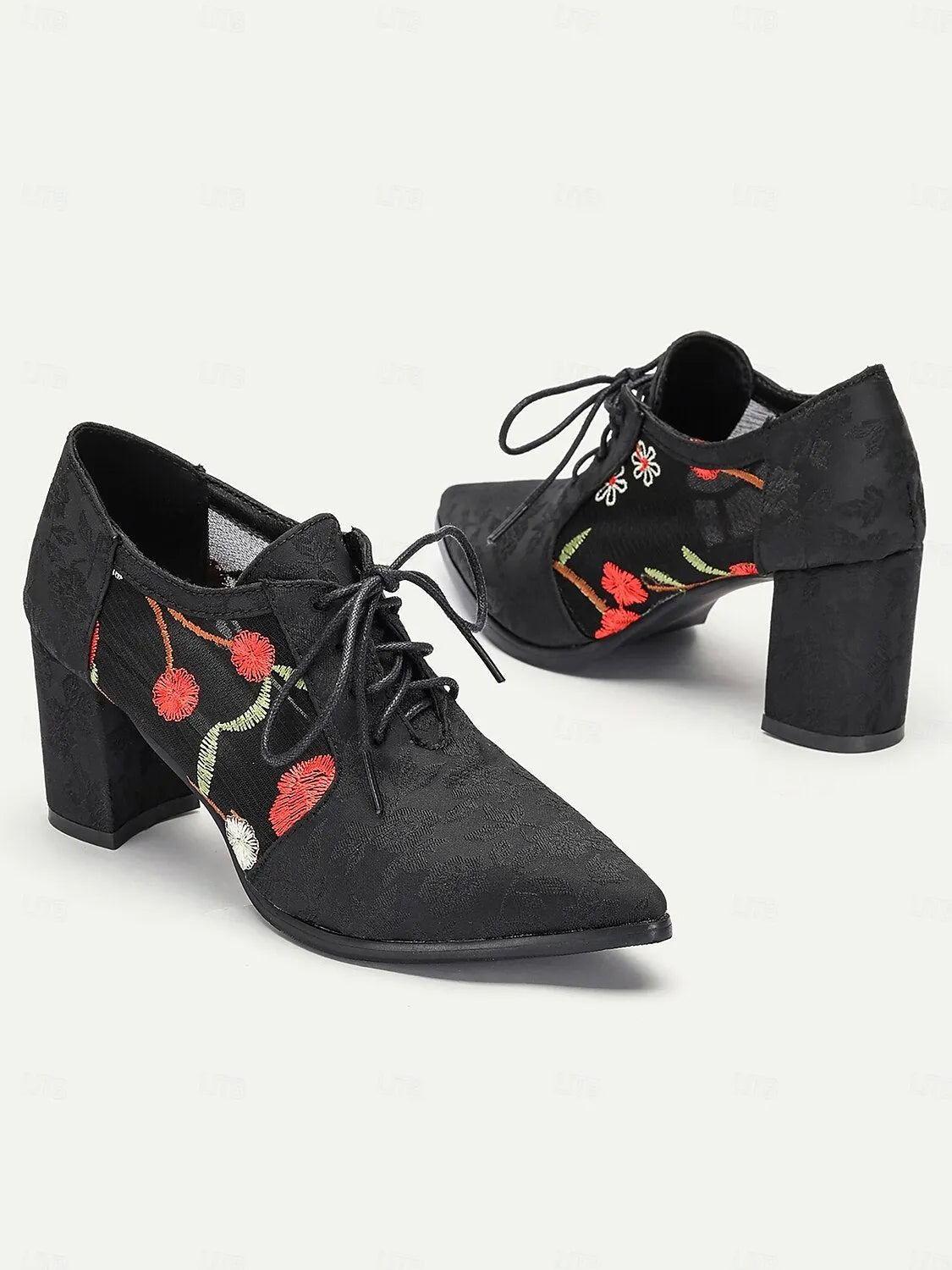 Women's Black Jacquard Lace-Up Heels with Floral Embroidery and Block Heel