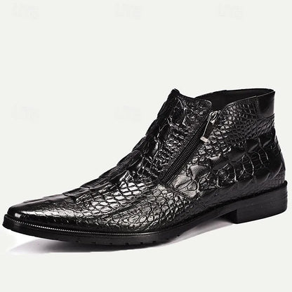 Men's Brown Crocodile Pattern Leather Ankle Boots - Premium Cowhide Zipper Dress Shoes