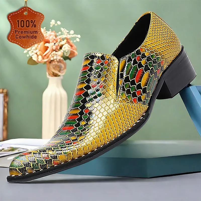 Men's Multicolor Snake Print Loafers: Vibrant Slip-On Shoes with Exotic Appeal - Tokiyos