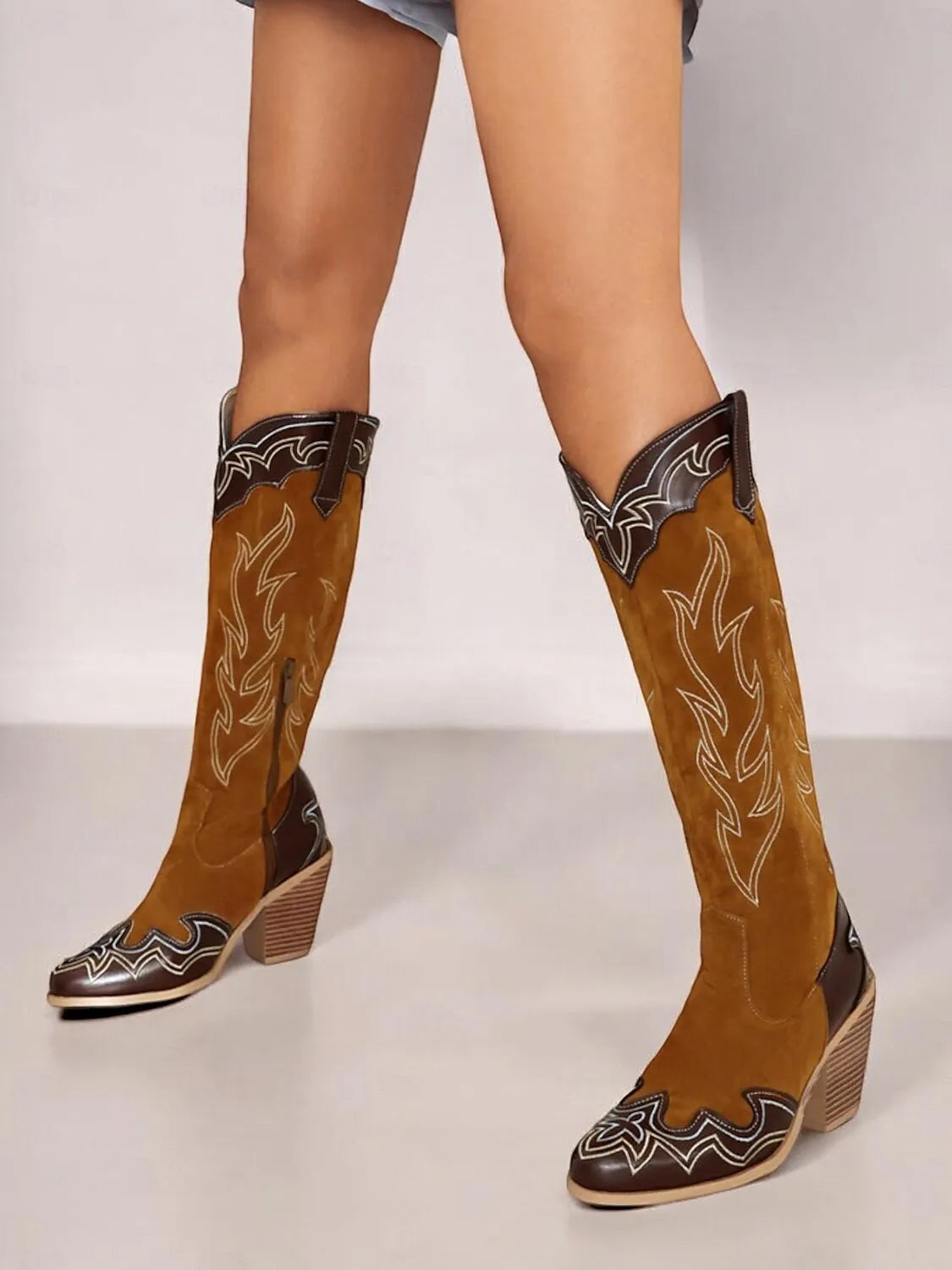 Women's Brown and Black Suede Western Cowboy Boots with Embroidered Details