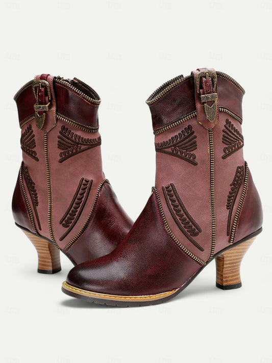 Women's Vintage Brown and Burgundy Leather Ankle Boots with Zipper, Buckle Strap