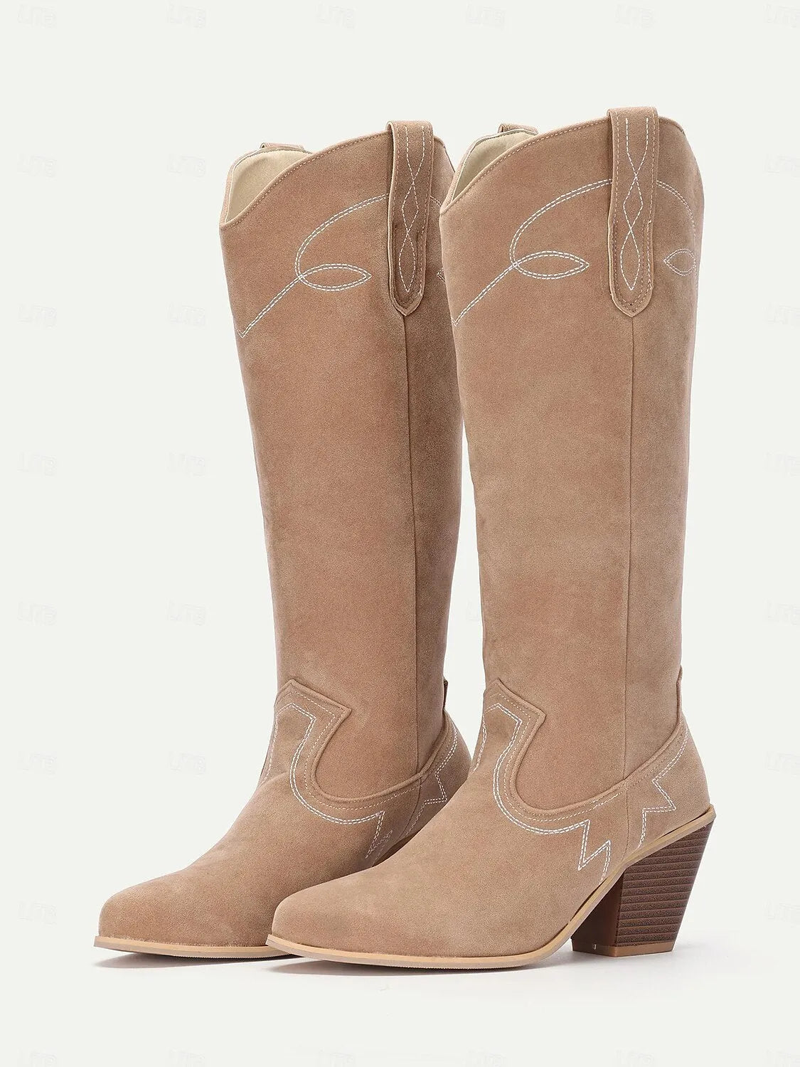 Women's Light Brown Suede Western Cowboy Boots with Embroidered Details