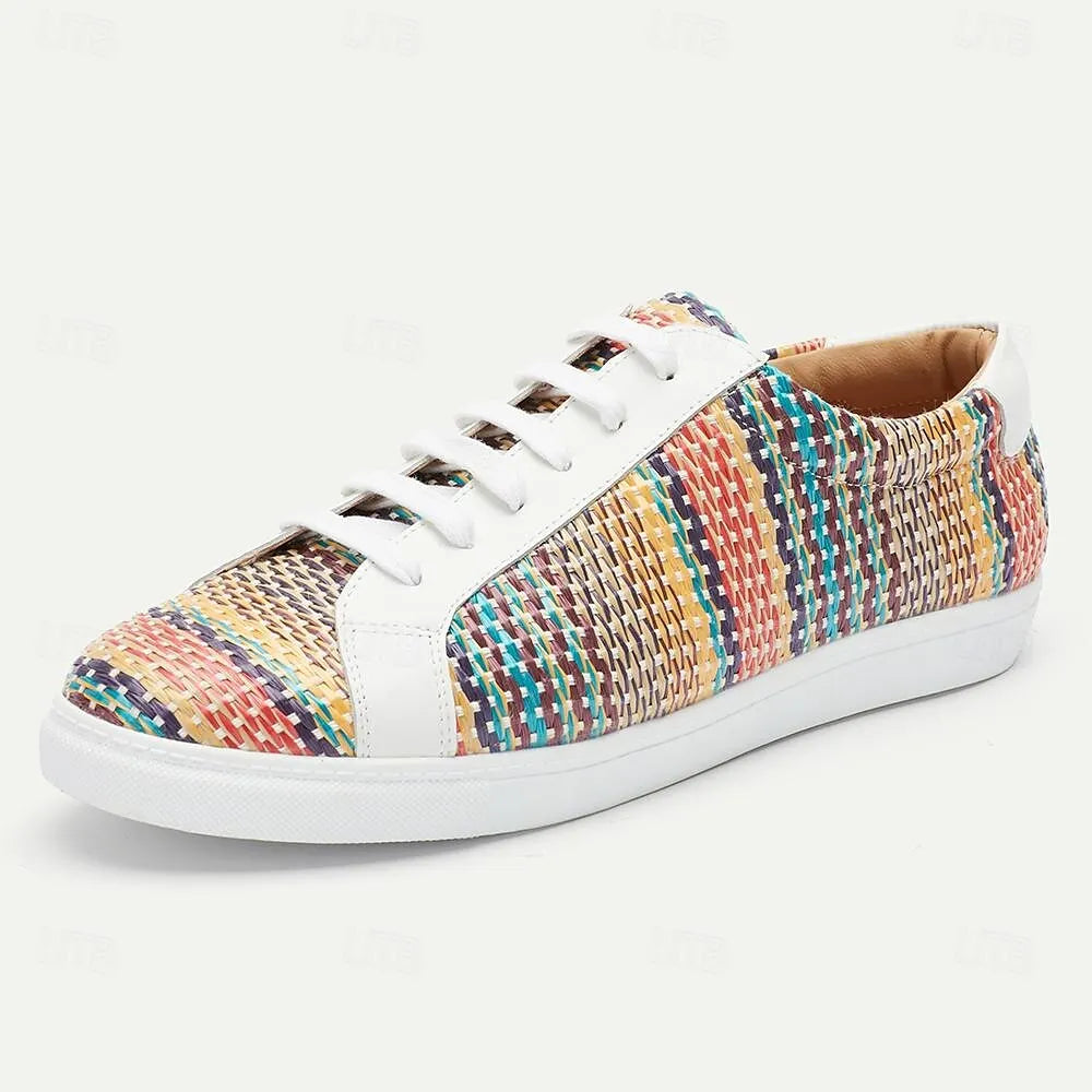 Men's Multicolor Woven Sneakers - Breathable White Lace-Up Casual Shoes