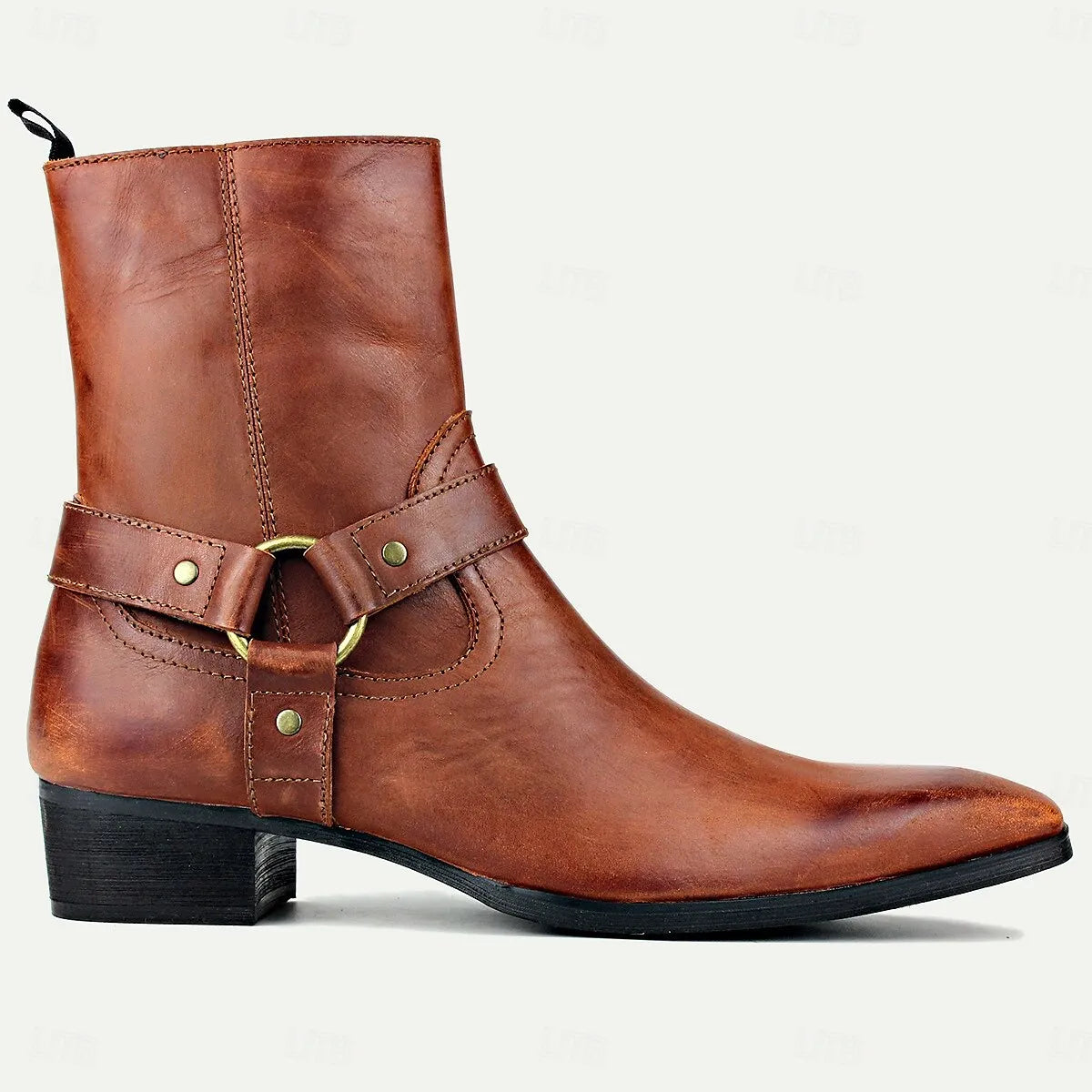 Men's Handmade Goodyear Welted Leather Ankle Boots with Harness Strap and Side Zipper