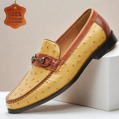 Men's Yellow and Brown Ostrich Leather Loafers with Metal Bit Detail - Stylish Slip-On Dress Shoes for Formal and Casual Wear